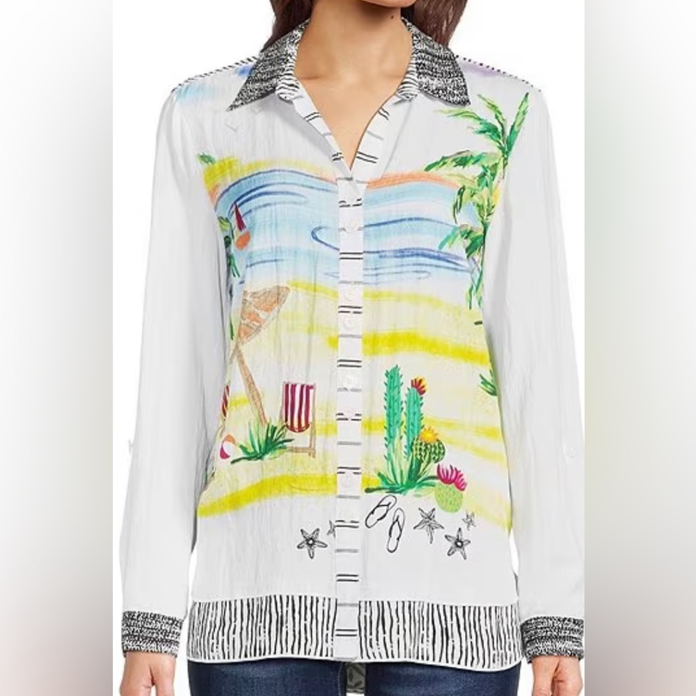 John Mark Beach print collared long roll tab sleeve woven - button front…